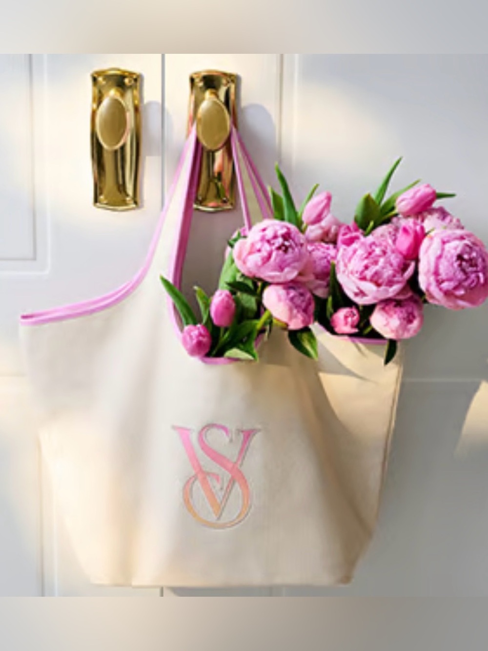 Victoria's Secret Cream Canvas Tote with Pink Trim